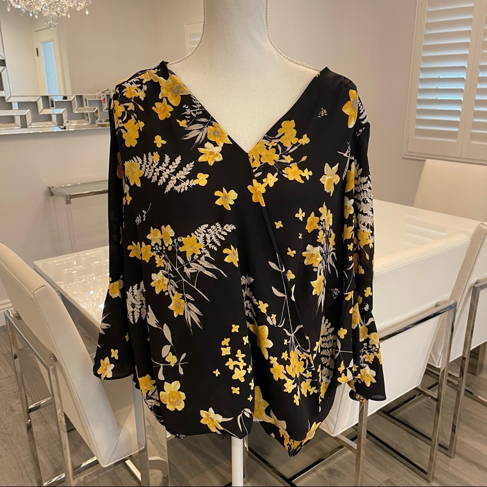 INC International Concepts Black and Yellow Floral Blouse